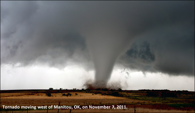 Tornado near Manitou, OK, on November 7, 2011. Photo is courtesy of Chris Spannagle.