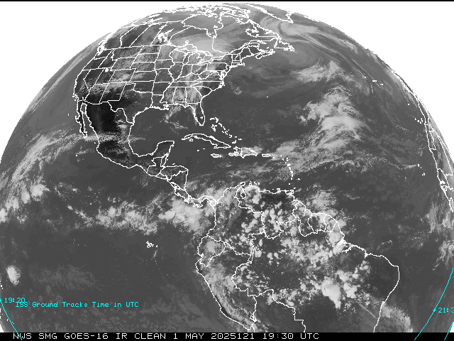 IR satellite image of North America with ISS groundtracks overlaid