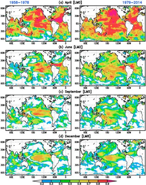 Correlation skill of CFSv2 reforecast SST verified against ERSSTv3 