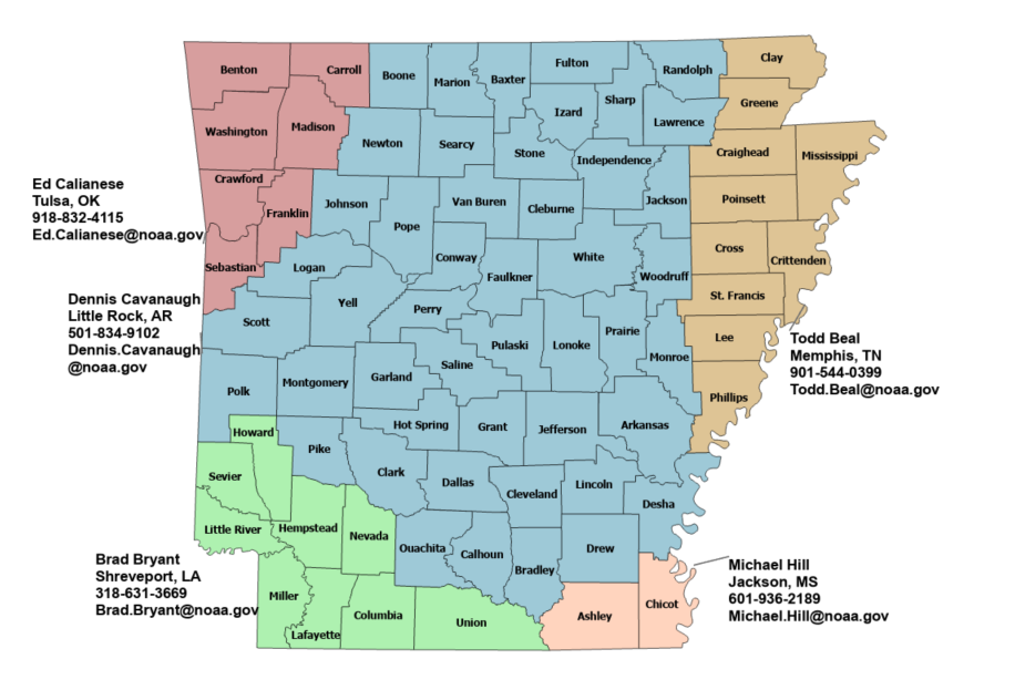 Arkansas StormReady contact map.