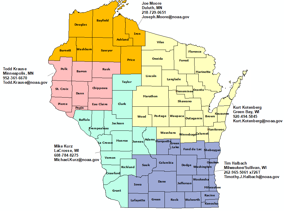 Wisconsin county warning areas and contacts.  See weather.gov/contacts for list.