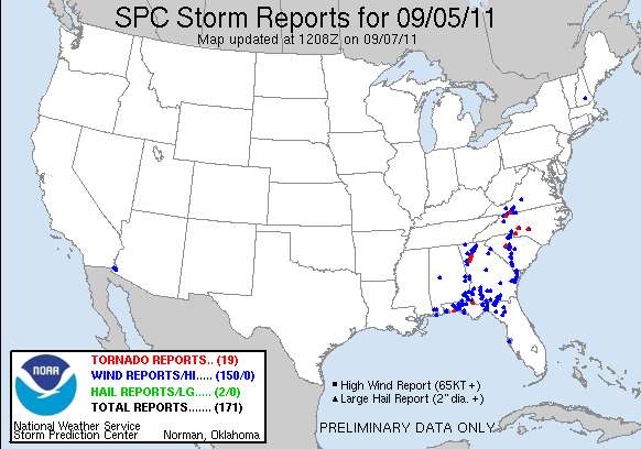 Storm reports relayed to the NWS on September 5, 2011 after 8:00 AM EDT (1200 UTC).