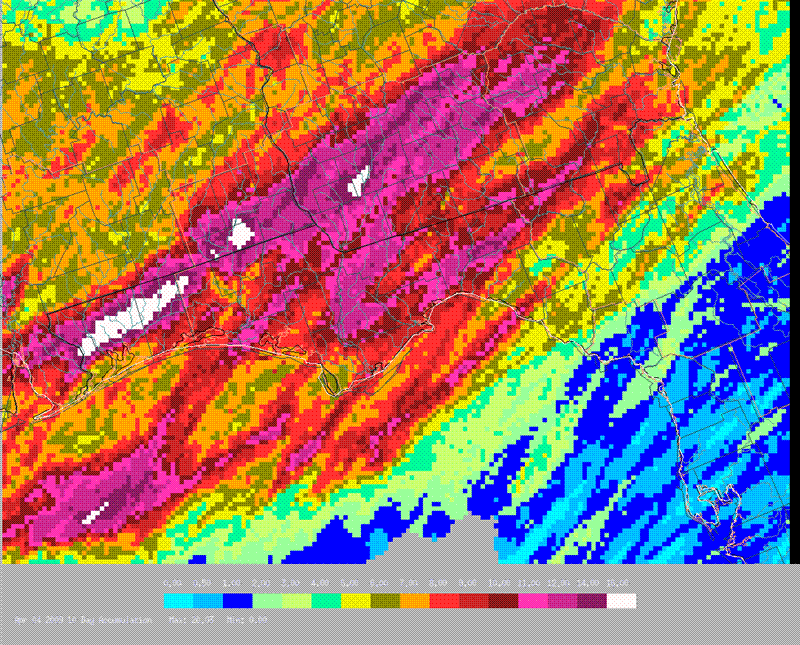 Ten-day summation of radar-derived rainfall ending 2000 UTC (4 pm EDT) April 4, 2009.