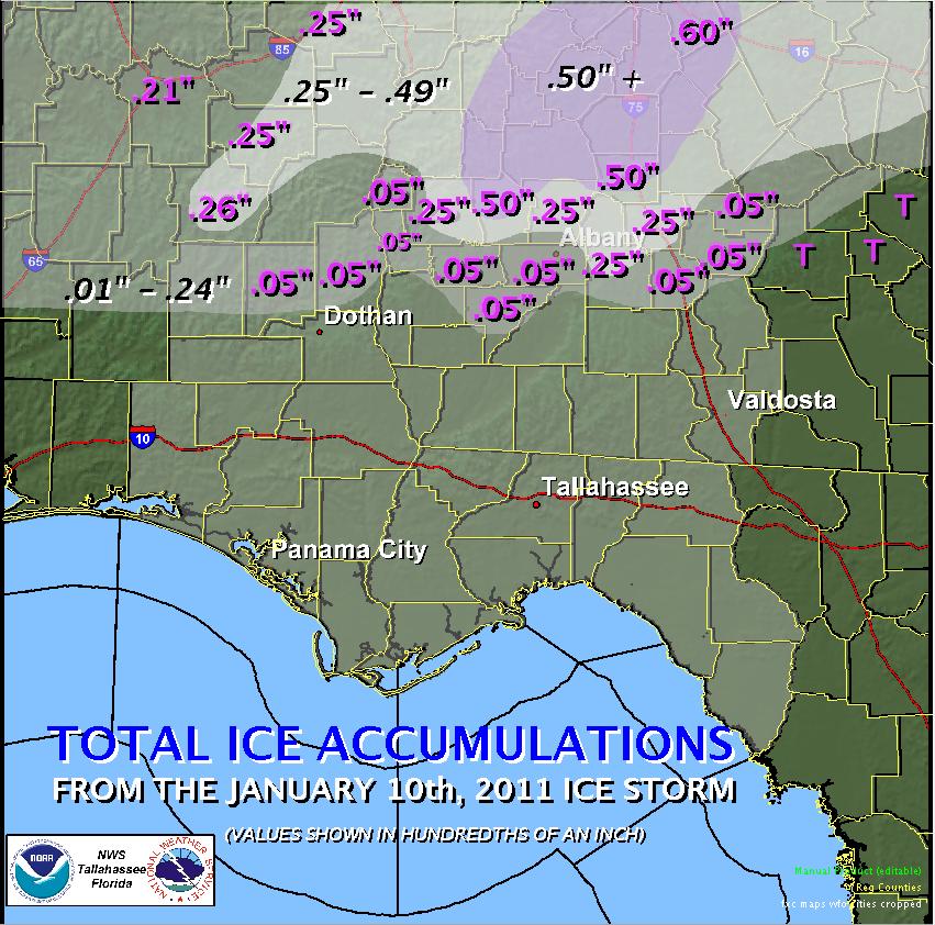 Figure 1. Snow totals measured across the Tallahassee, FL, County Warning Area and adjacent areas from the snow storm of February 12, 2010.