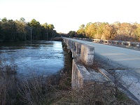 The swollen Ochlockonee River at the CR 154 bridge in Grady County, GA on December 26, 2014.