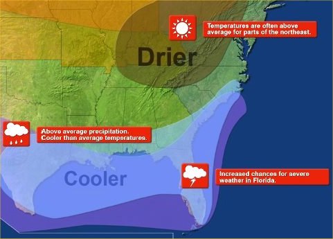 A map depicting El Niño impacts for the Southeast United States.