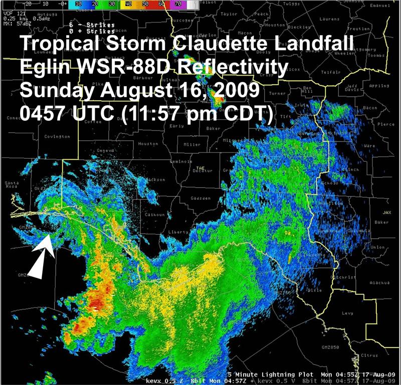 Eglin AFB Doppler radar (KEVX) reflectivity image on Monday, 17 August at 0457 UTC (11:57 pm CST Sunday).