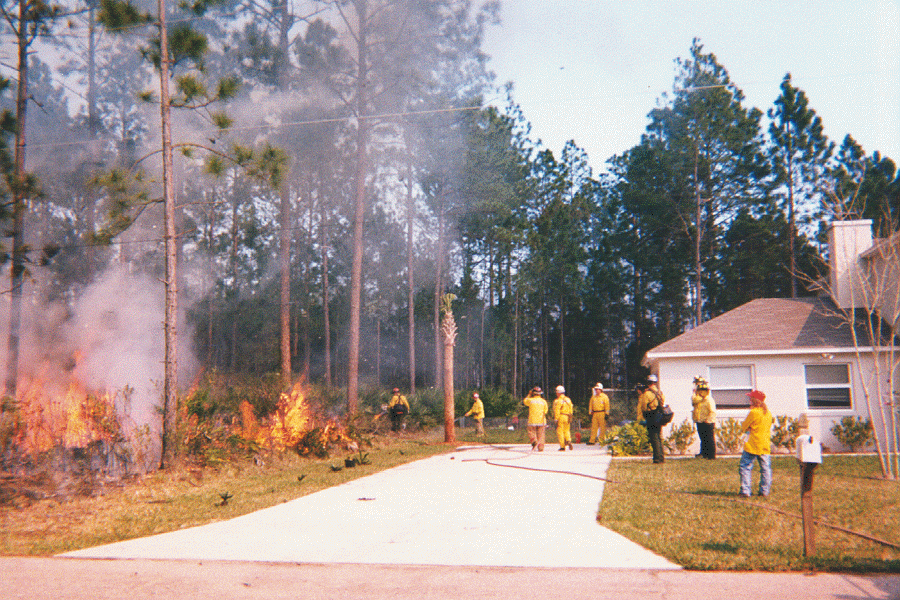 A photo of firefighters at an urban--wildfire interface.