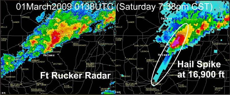 Ft Rucker Doppler radar (KEOX) reflectivity on Saturday night at 7:38 pm CST (0138 UTC).  Left image is the 0.5-degree reflectivity.  The right image is at the 3.4-degree elevation angle showing what is commonly called a hail spike, indicative of large hail growth aloft.