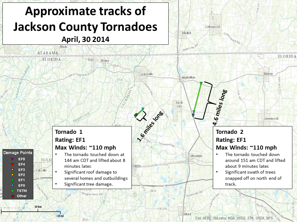 Map showing the approximate tracks of two EF1 tornadoes that touched down in Jackson County, FL, on April 30, 2014.