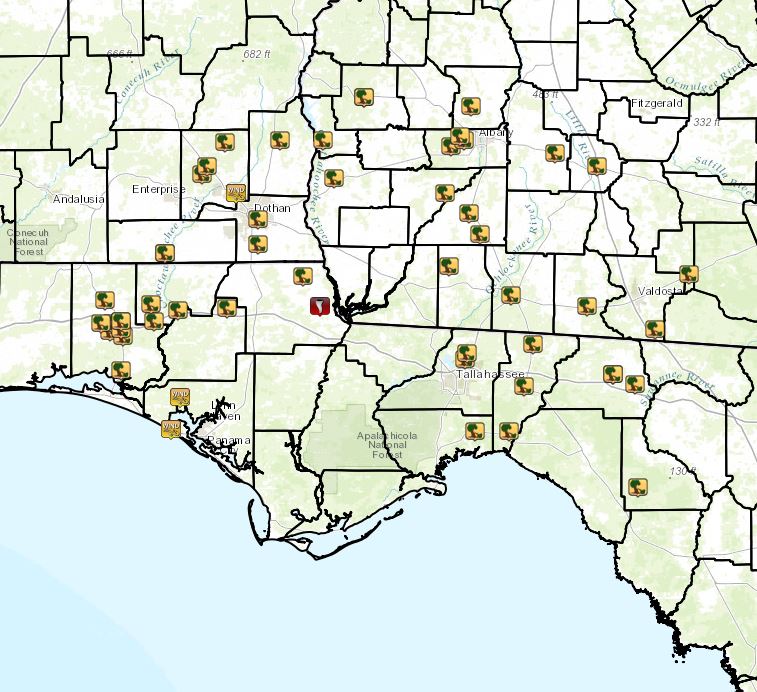 Warning polygons issued by WFO Tallahassee on September 5, 2011. Severe (yellow), tornado (red) and special marine (purple) warnings are depicted. Locations of reported severe weather are shown by the icons. Click for a larger view.
