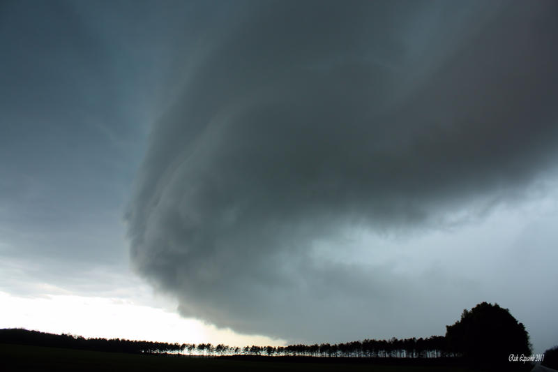A wall cloud associated with a super cell thunderstorm as photgraphed by a storm chaser near Colquitt, GA on March 26, 2011.