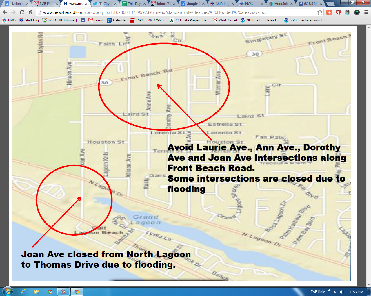 A map posted on the website of The News Herald showing locations of flooded roads and intersections on Independence Day 2013 in Panama City, FL.