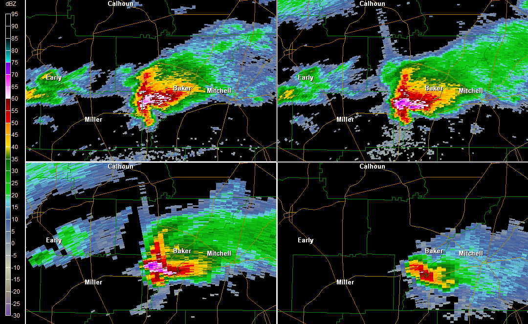 Multi-tilt reflectivity image from the KTLH Doppler radar showing a super cell displaying a TBSS in Baker County GA at 415 PM EDT on March 27, 2011.