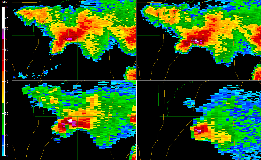 Multi-tilt reflectivity image from the KTLH Doppler radar showing a super cell displaying severe hail signatures.