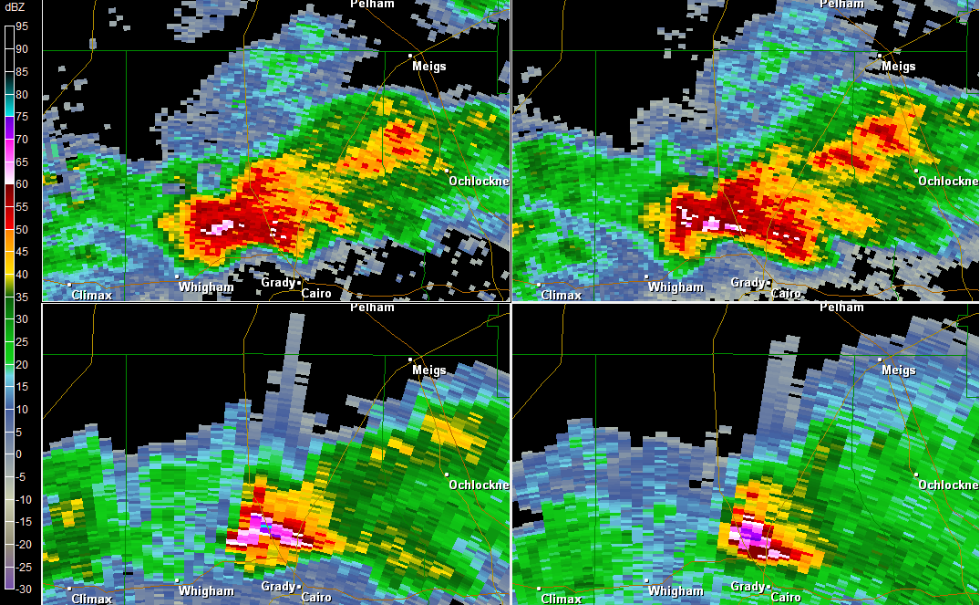 Multi-tilt reflectivity image from the KTLH Doppler radar showing a super cell displaying a TBSS near Cairo in Grady County GA at 152 PM EDT on March 27, 2011.