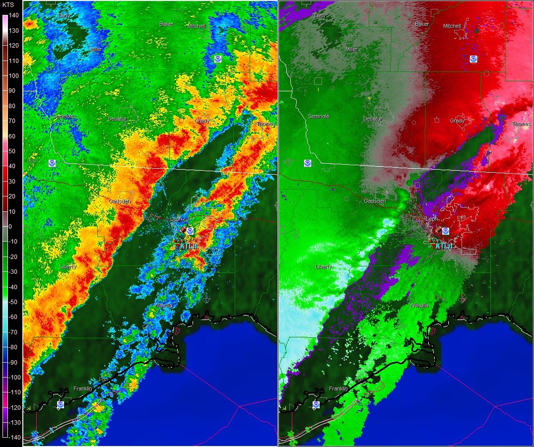 Radar imagery from the KTLH Doppler radar at 0715 UTC (3:15 AM EDT) Tuesday, April 5, 2011. Base reflectivity is depicted in the right panel, with base velocity to the left.