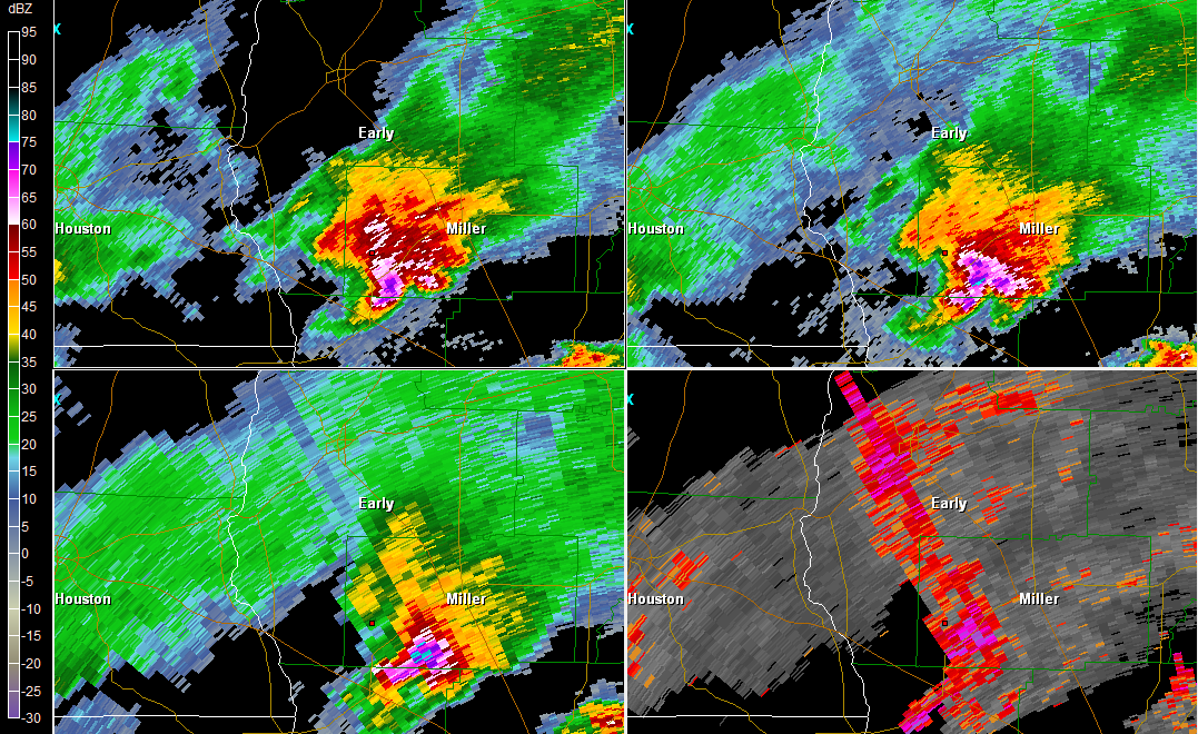 Multi-tilt reflectivity image from the KTLH Doppler radar showing a super cell displaying a TBSS in Miller County, GA at 540 PM EDT on March 27, 2011. Note that the 3.4-degree SW image is displayed in the lower right panel.