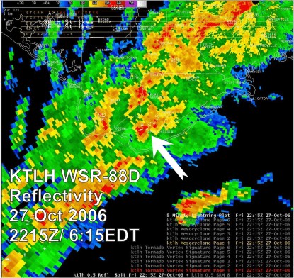 This image depicts a base reflectivity image from the Tallahassee, FL, (KTLH) doppler radar showing a tornadic thunderstorm as it moved ashore into Apalachicola, FL, at 2215 UTC Friday, October 27, 2006.