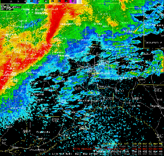 Radar loop of Tallahassee WSR-88D Reflectivity beginning 2 April 2009, 2144 UTC (5:44 pm EDT) and ending at 2359 UTC (7:59 pm EDT).