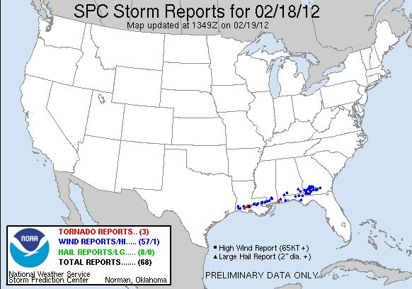 Storm reports relayed to the NWS on February 18, 2012 after 7:00 AM EST (1200 UTC).