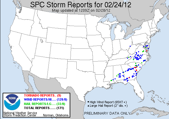 Storm reports relayed to the NWS on February 18, 2012 after 7:00 AM EST (1200 UTC).