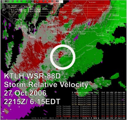 This image depicts a storm relative velocity image from the Tallahassee, FL, (KTLH) doppler radar showing a tornadic thunderstorm as it moved ashore into Apalachicola, FL, at 2215 UTC Friday, October 27, 2006.