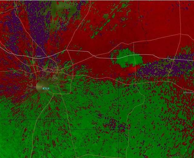 Storm-relative velocity image from the Tallahassee WSR-88D (KTLH) at 2124 UTC (5:24 PM EDT) October 8, 2008.