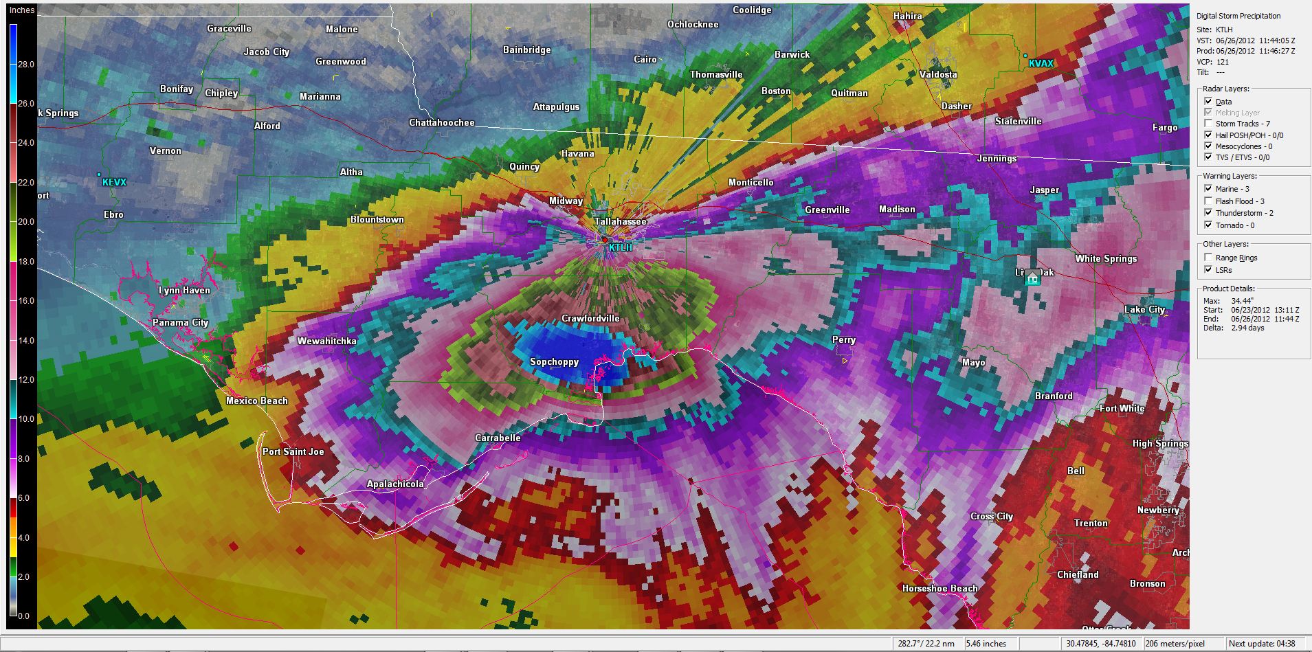 Storm-total rainfall estimates from the KTLH radar for Tropical Storm Debby showing maximum amounts exceeding 28 inches (dark blue) across soutwestern portions of Wakulla County.