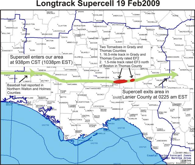 Path of the long-track supercell that moved across the entire NWS Tallahassee forecast area.