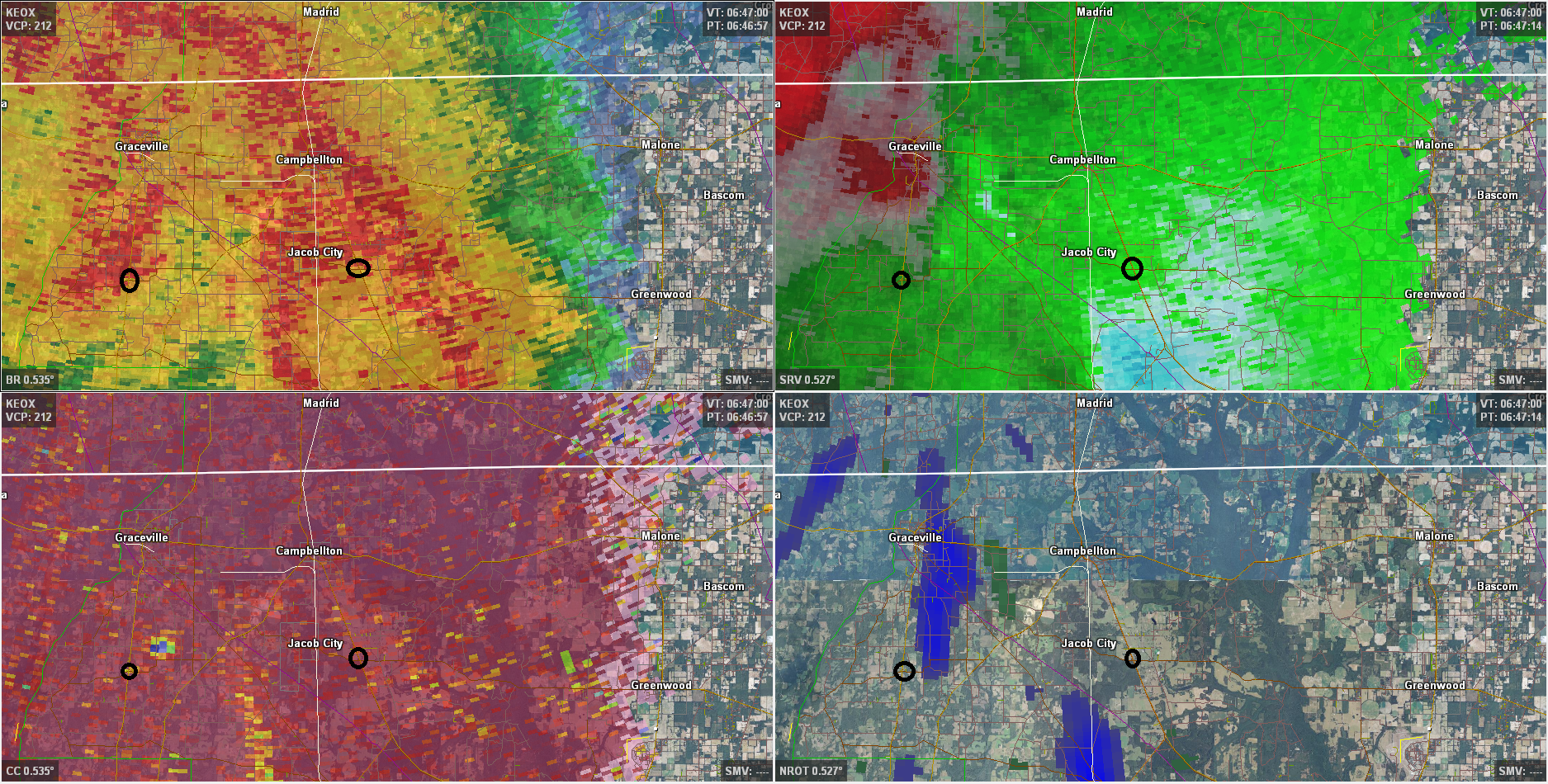 A 4-panel image from the Ft. Rucker, AL (KEOX) radar valid 0647 UTC 30 April 2014. Clockwise from top left, the images depict base reflectivity, storm-relative velocity, rotational velocity and correlation coefficient, all on the 0.5-degree slice. Damage areas are indicated by the black circles.