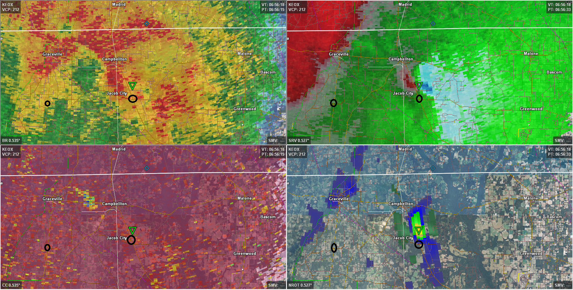 A 4-panel image from the Ft. Rucker, AL (KEOX) radar valid 0656 UTC 30 April 2014. Clockwise from top left, the images depict base reflectivity, storm-relative velocity, rotational velocity and correlation coefficient, all on the 0.5-degree slice. Damage areas are indicated by the black circles.