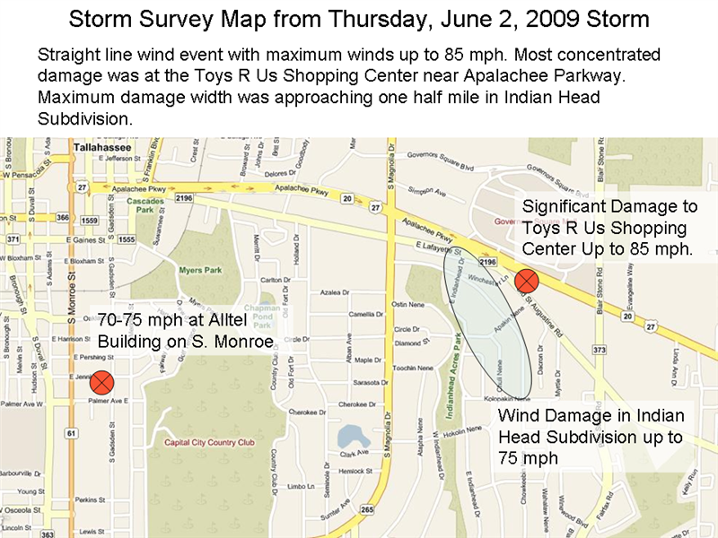 A map depicting damage areas in Tallahassee from severe thunderstorms that occurred on July 2, 2009.