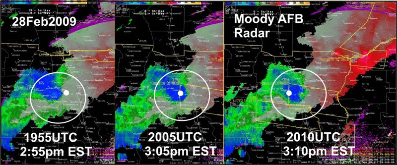 Series of Moody AFB Doppler radar (KVAX) base velocity images depicting the development and eastward movement of patch of strong west winds behind the bow echo structure near Ty Ty, GA, on February 28, 2009, between 1955 and 2010 UTC (2:55 pm and 3:11 pm EST).