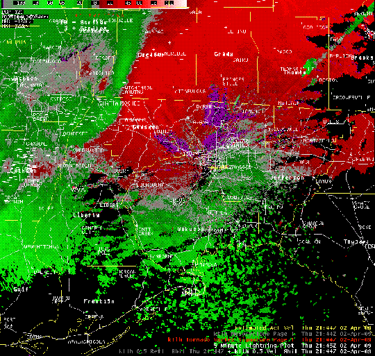 Radar loop of Tallahassee WSR-88D Radial Velocity beginning 2 April 2009, 2144 UTC (5:45 pm EDT) and ending at 2359 UTC (7:59 pm EDT).