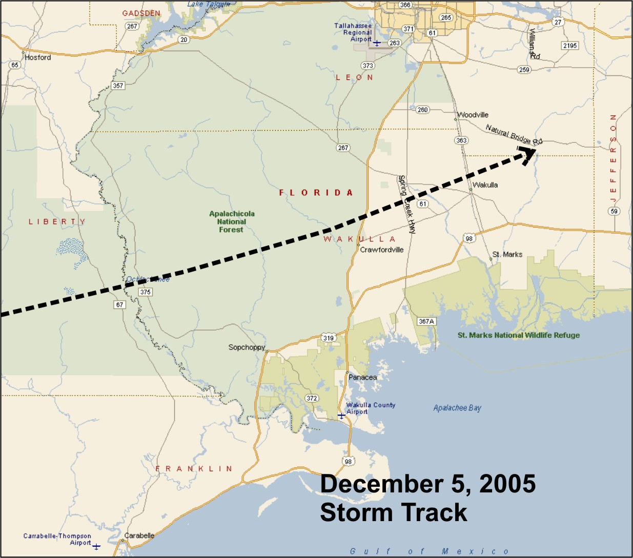 Figure 2. Track of the tornado that crossed Wakulla County, FL, on December 5, 2005.