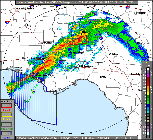 This image shows the base reflectivity from the Tallahassee, FL, Doppler Radar (KTLH) for 0451 UTC  (1151 PM EST) 2 March 2007.  Warning polygons are overlaid.