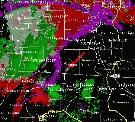 This image depicts the storm relative velocity image from the KTLH radar at 1012 UTC (5:12 am EST) on Thursday, March 20, 2003.