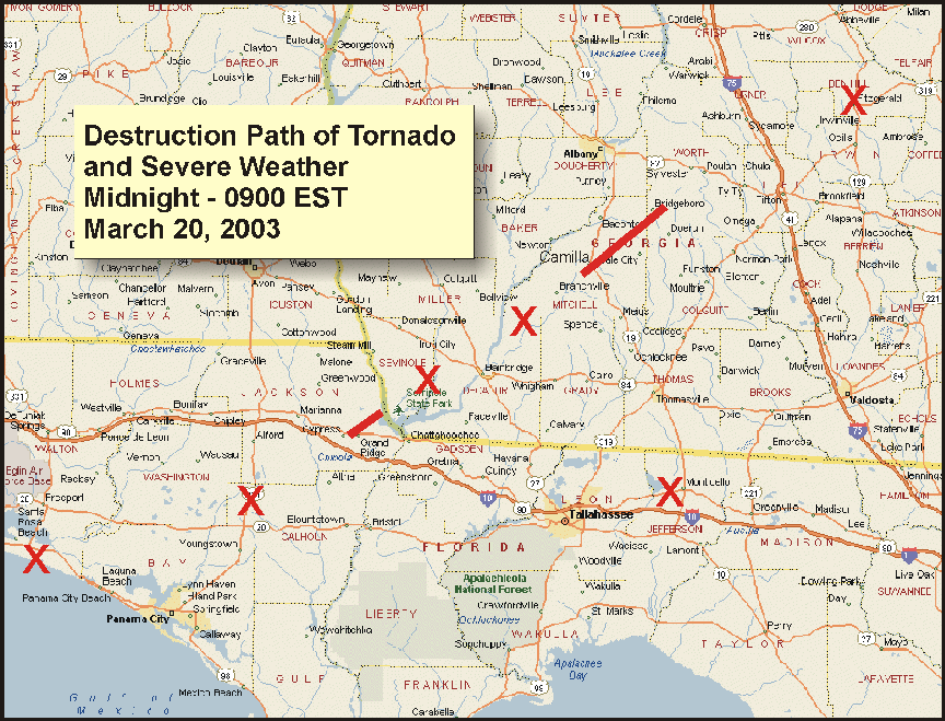 This image depicts the damage paths of the two tornado touchdowns along with locations of other major damage during the severe weather event of Thursday, March 20, 2003.
