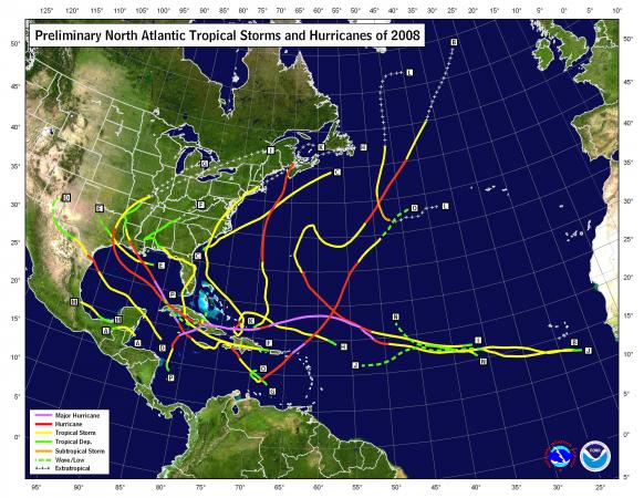 Preliminary storm tracks for the 2008 Atlantic Hurricane Season.
