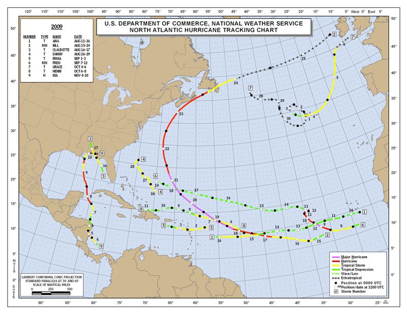 Preliminary storm tracks for the 2008 Atlantic Hurricane Season.