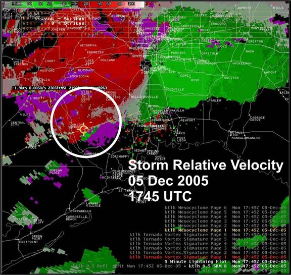 Figure 3.  Storm Relative Velocity from the Tallahassee, FL, radar (KTLH) at 1745 UTC, 05 December 2005.