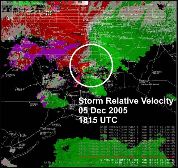 Figure 5.  Storm Relative Velocity from the Tallahassee, FL, radar (KTLH) at 1815 UTC, 05 December 2005.