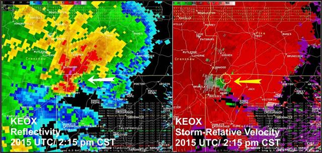 Reflectivity and base velocity images from the Ft. Rucker WSR-88D radar at 2015 UTC 17 February (2:15 pm CST).