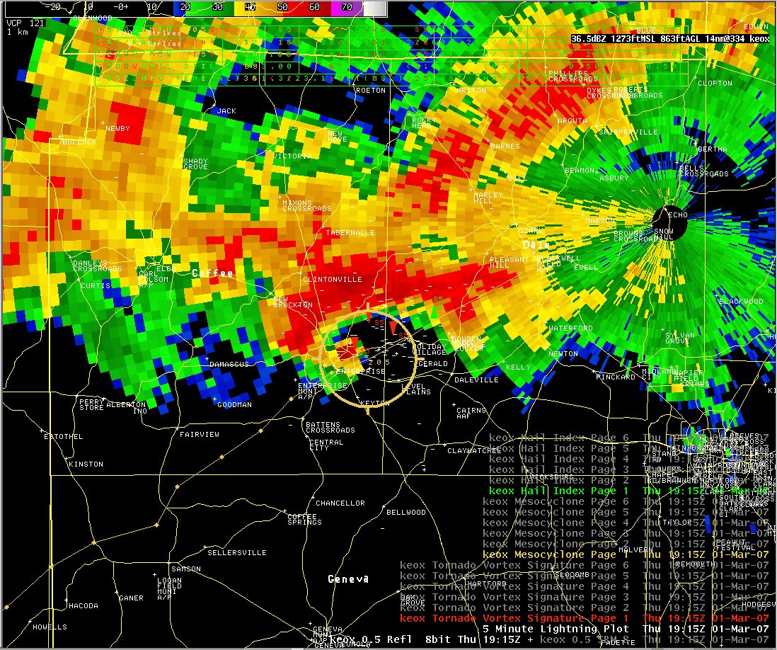 This image shows the base reflectivity image from the Ft. Rucker, AL, Doppler Radar (KEOX) for 1915 UTC 1 March 2007.