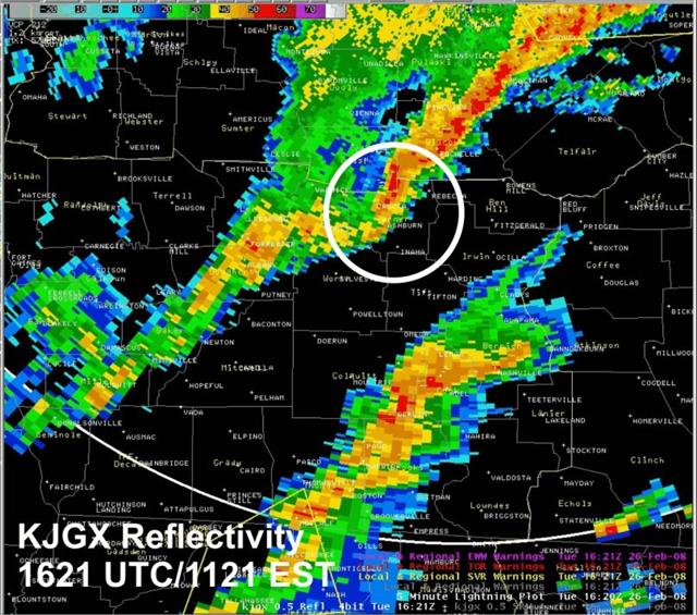 Reflectivity image from the Warner Robins WSR-88D at 1621 UTC 26 February (11:21 am EST).