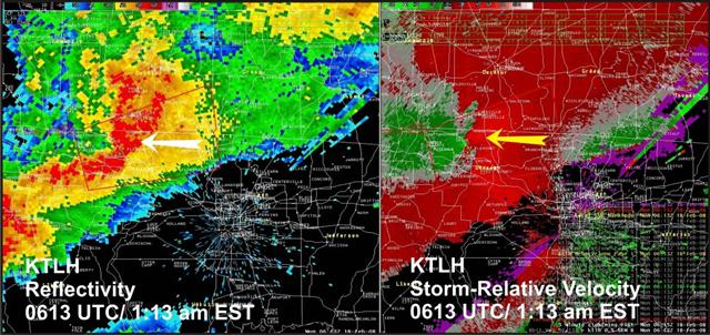 Reflectivity and base velocity images from the Tallahassee WSR-88D radar at 0613 UTC 18 February (1:13 am EST).