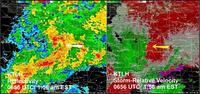 Reflectivity and base velocity images from the Tallahassee WSR-88D radar at 0656 UTC 18 February (1:56 am EST).