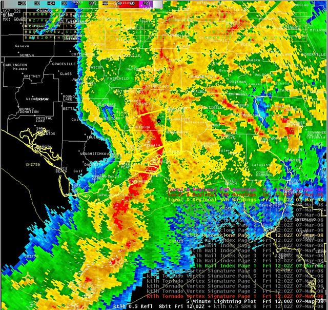 Reflectivity image from the Tallahassee WSR-88D (KTLH) at 1202 UTC (7:02 am EST) March 7, 2008. Severe thunderstorm warning polygons are overlaid in yellow.