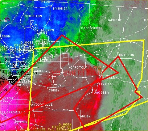 Storm-relative velocity image from the Tallahassee WSR-88D (KTLH) at 1225 UTC (7:25 am EST) March 7, 2008. Tornado warning polygons are overlaid in red.